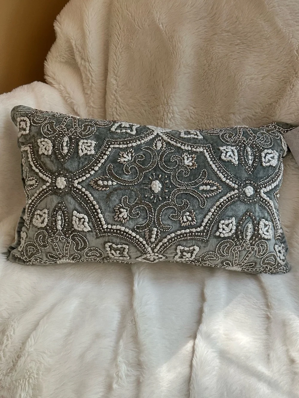 NWT Embellished Gray Velvet Lumbar Beaded Pillow Silver White Accents